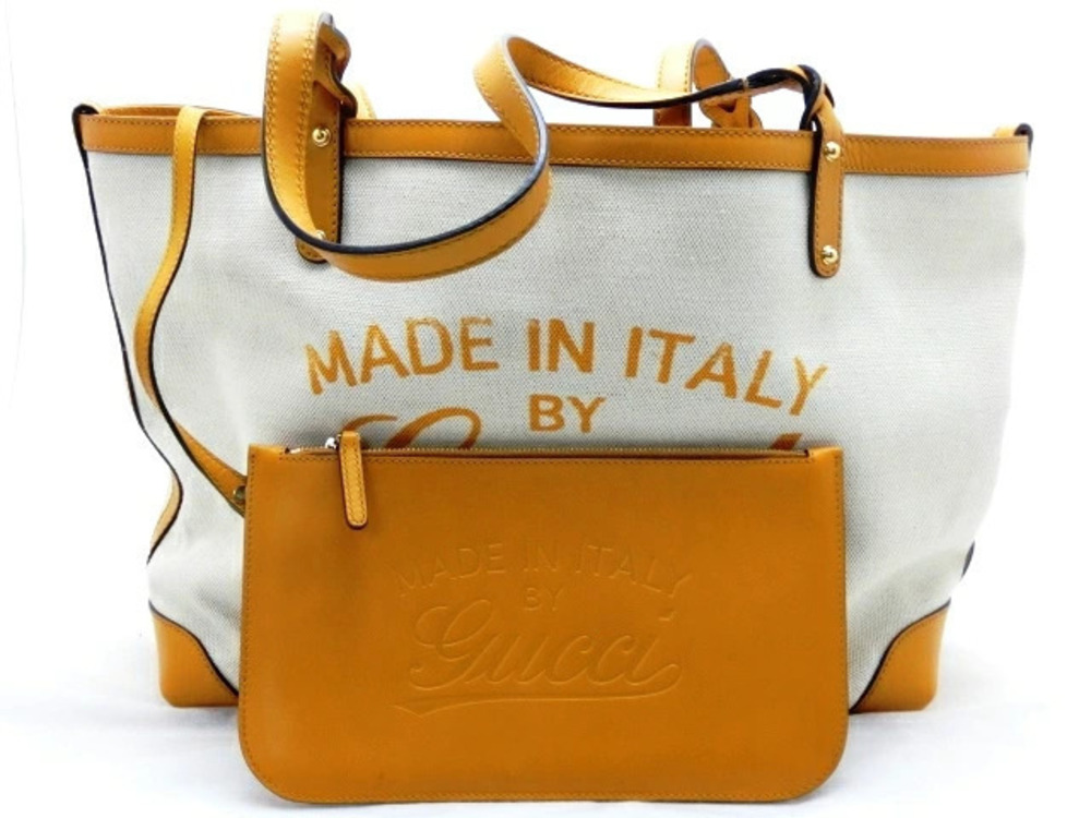 Gucci Tote Bag Craft Canvas Calfskin Ivory White Yellow